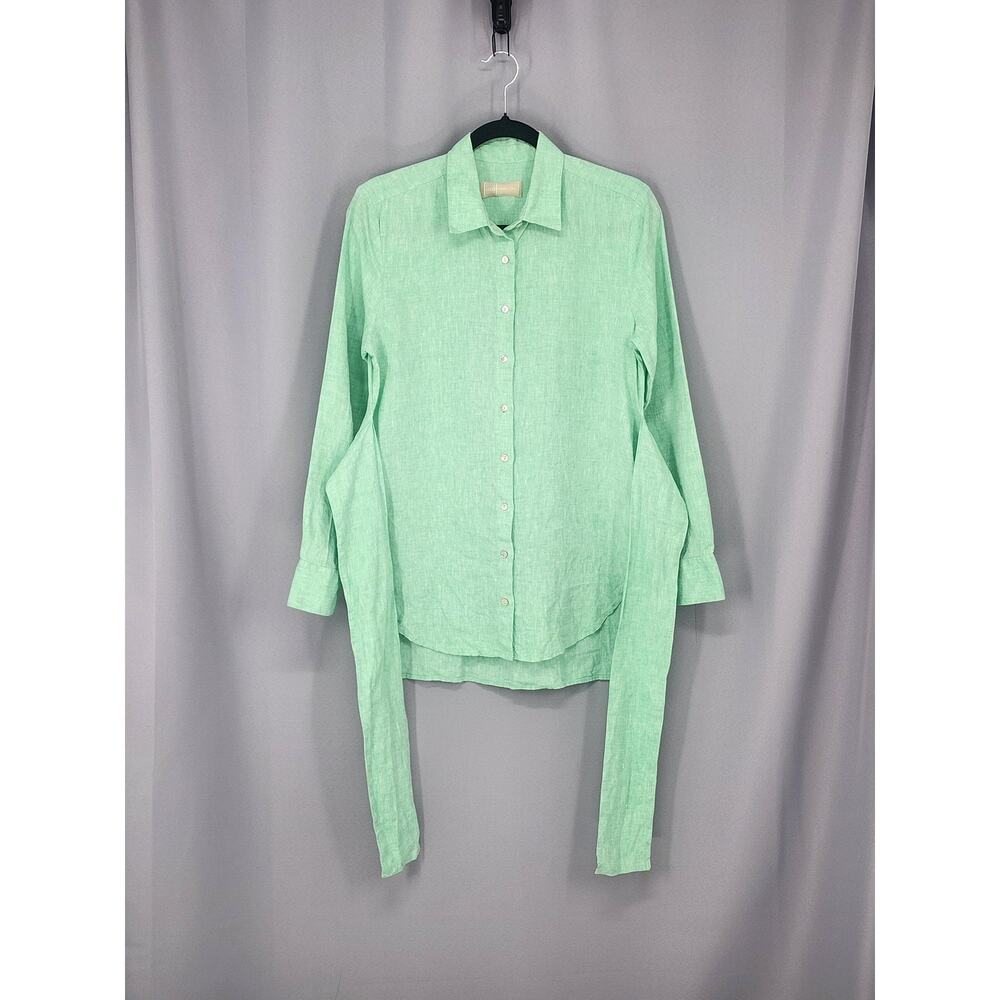 120% Tunic Womens 38 Mint 100% Linen Belted Button Front Long Sleeve - Picture 2 of 15